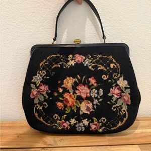 Vintage Large Black Floral Tapestry Top-Handle Bag - 15”wide x 11”high bag only